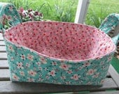 Fabric Basket Bin Storage Organization in Aqua Blossoms with Pink Dots Small Size