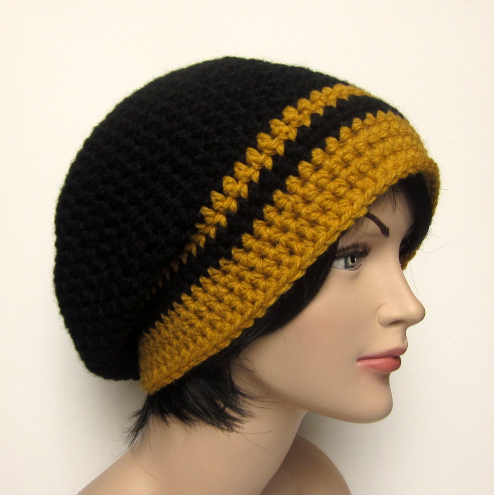 Mens Slouch Beanie - Black and Gold Slouchy Crochet Hat - Oversized Cap - Chunky Hat