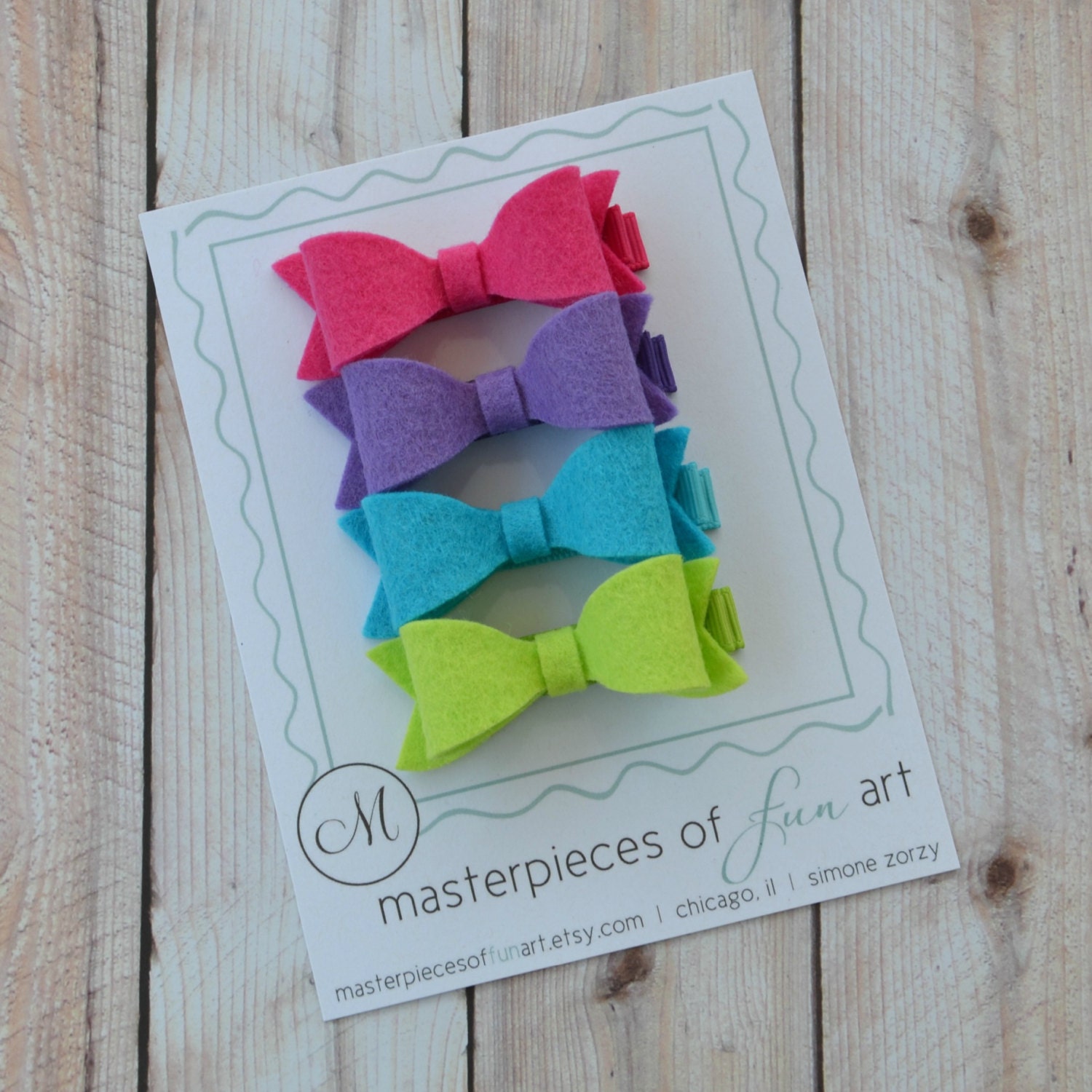 Set of 4 Summer Felt Hair Bows - bright set - fuchsia, delphinium purple, turquoise and bright green felt bow hair clips