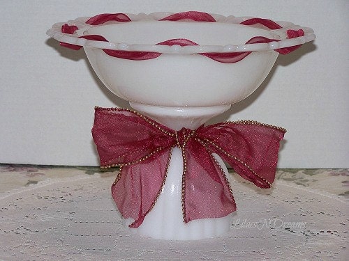 White Milk Glass Bowl Pedestal Stand Vintage Inspired