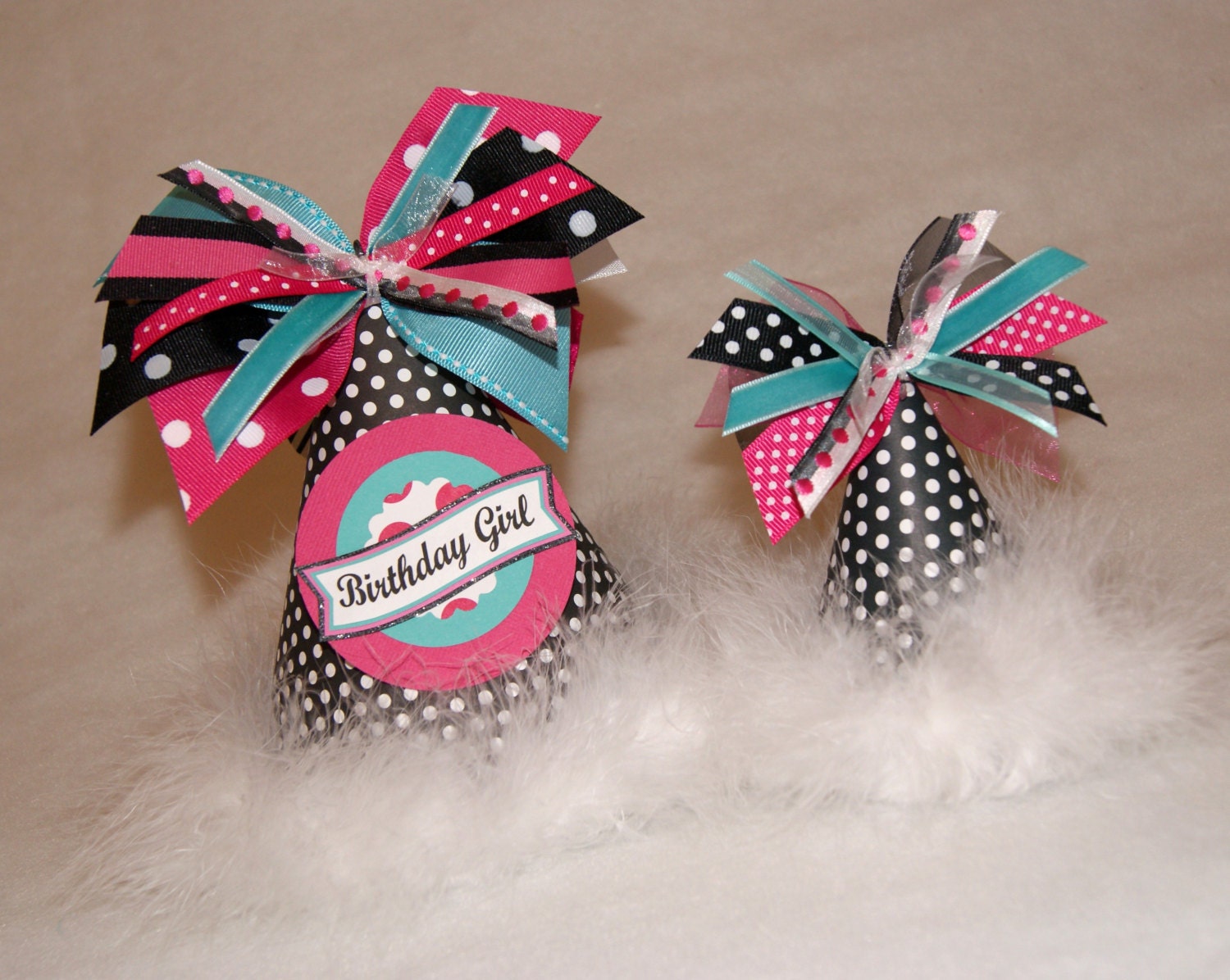 Black, Hot Pink, and Turquoise Polka Dot Party Hat & Doll Hat Set