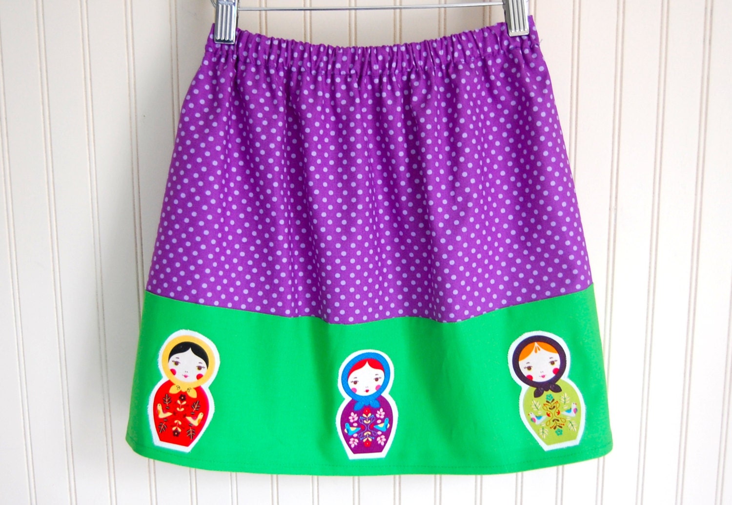 Matryoshka Russian Nesting Doll Skirt in Green and Purple - Sizes 3T, 4, 5, 6, 7