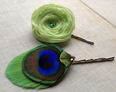 Lime Sherbert Flower and Peacock Feather Pin Set - Made to Order