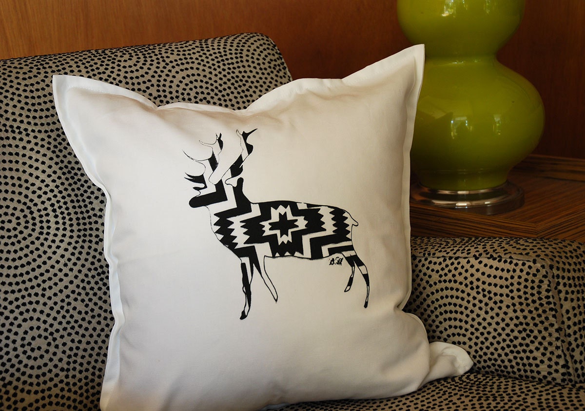 Screen Printed Patterned Deer Throw Pillow Cover- ikat- tribal- deer- stag- pillow-