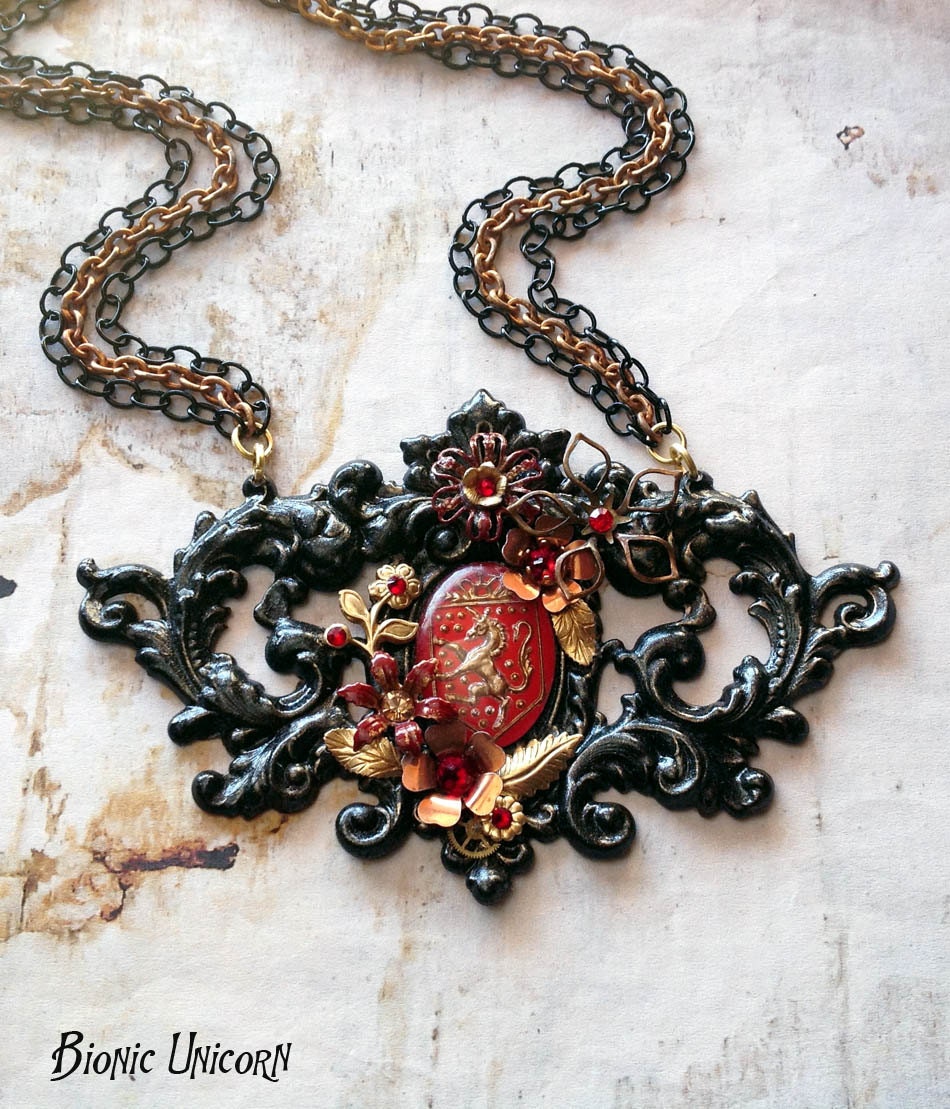 Bionic Unicorn Steampunk Necklace - Red and Gold Unicorn with Brass Flowers and Black Enamel Pendant