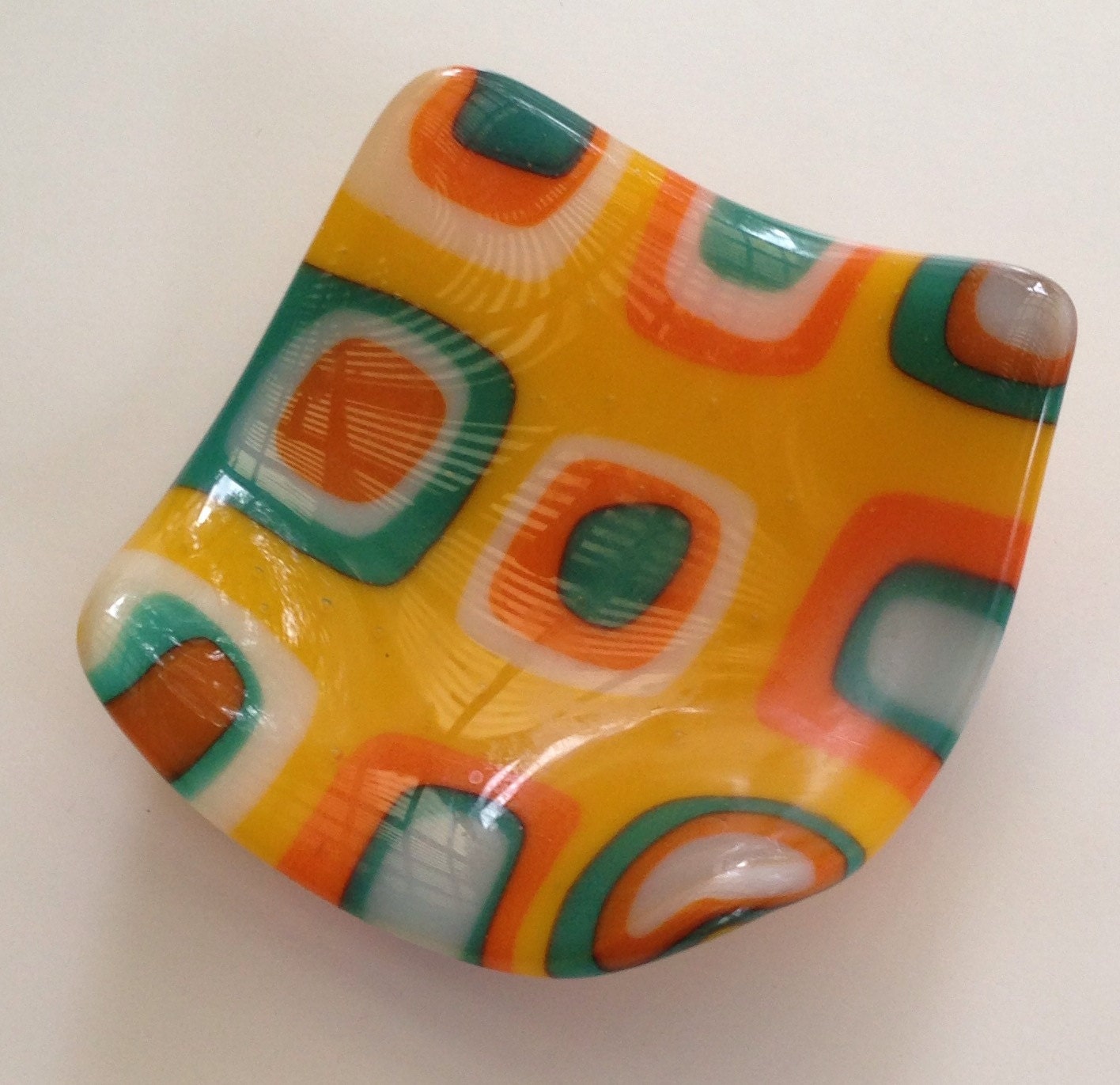 Fused glass plate dish - retro design - sunflower - 3.5" - gold teal white orange - yellow - Mother's Day gift