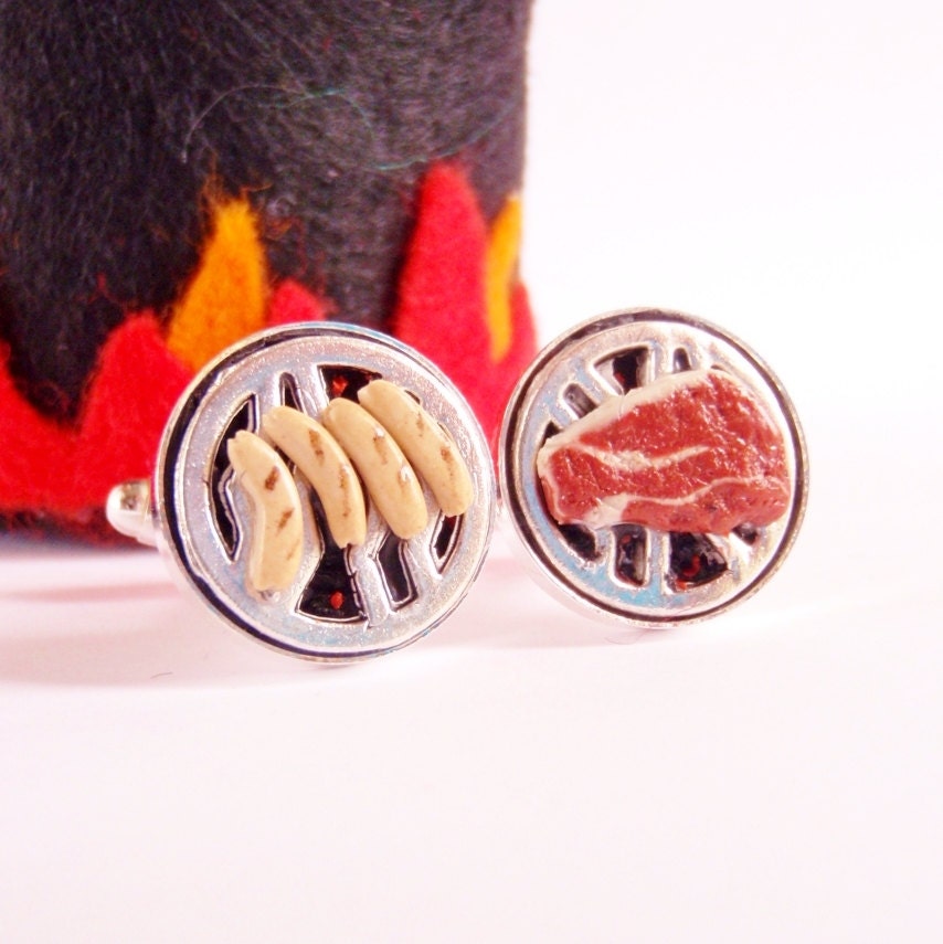 Summer Grill Cufflinks - Miniature Food Art Jewelry Collectable - Schickie Mickie Original - 100% Handmade