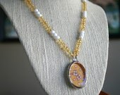 Vintage Fabric Soldered Pendant on Beaded Necklace