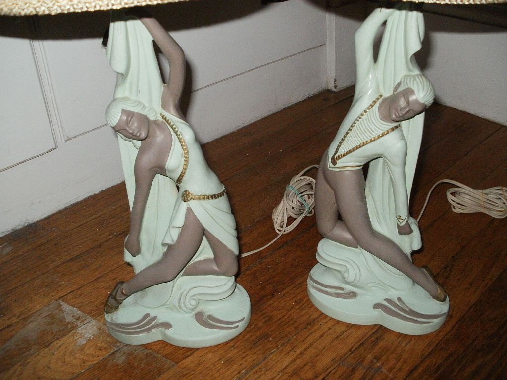 SALE  Vintage 1950's 50's Chalkware Pair Of Lamps Continental Art Co W/ Shades  SALE