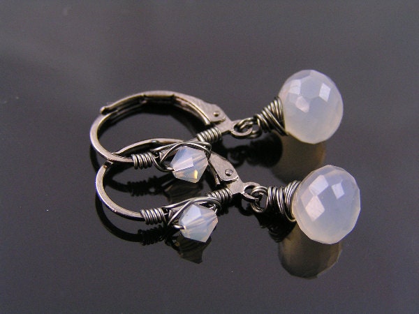 Gray Chalcedony Gunmetal Earrings, Leverback Ear Wires wire wrapped with Swarovski Crystals, Gray and Black Earrings