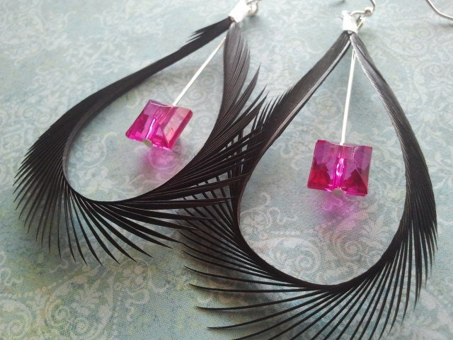 Black Feather Teardrop Loop Earring with Hot Pink Faceted Square Bead