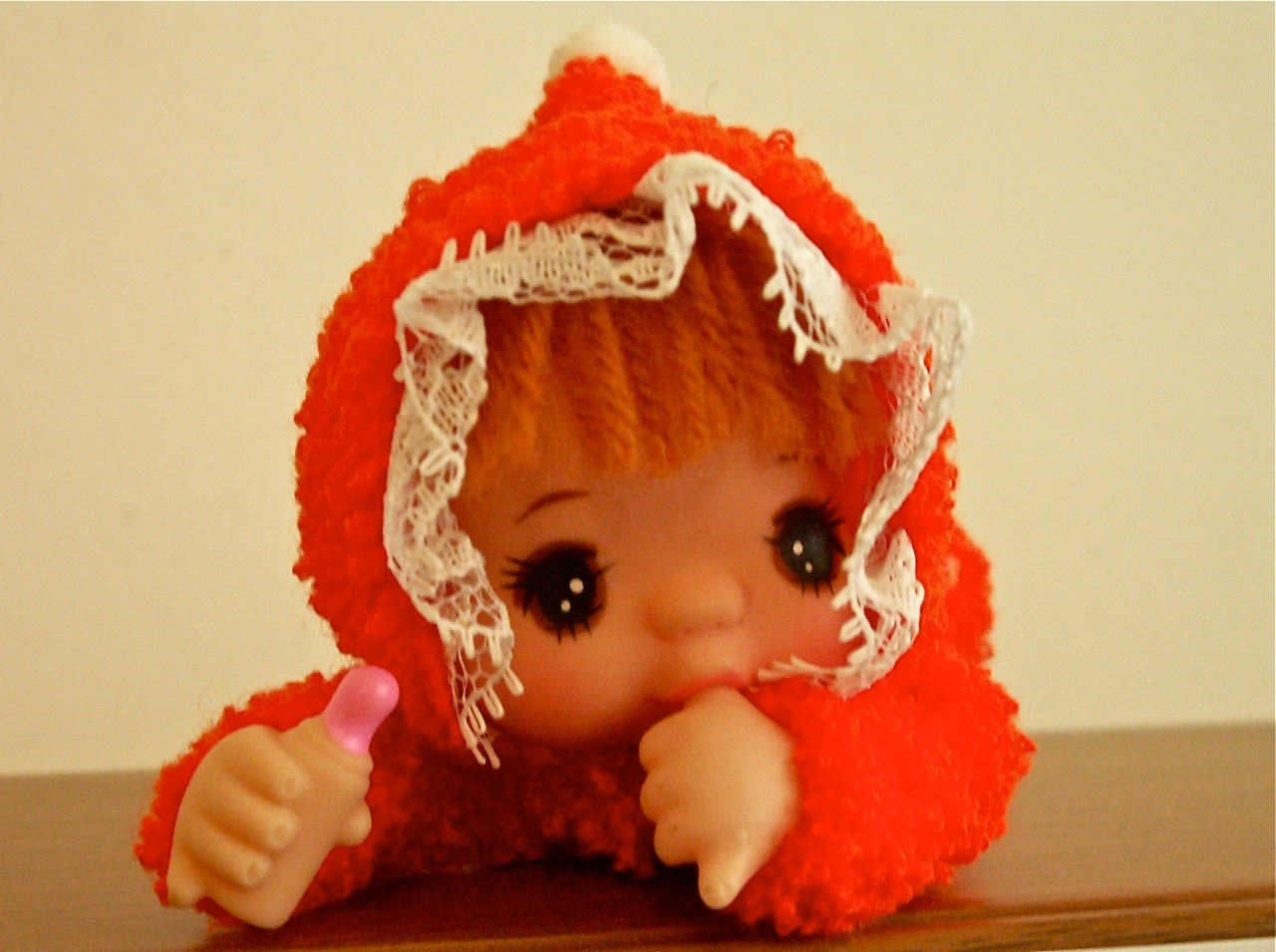 Vintage Japan Machy Matchbox Baby Clone Plush Rubber Face Soft Doll in Orange Loose