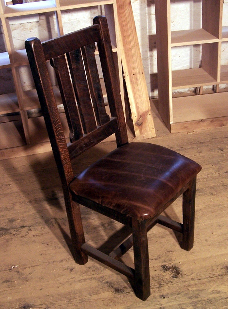 Reclaimed Oak Rustic Mission Dining Chairs with Upholstered Leather Seats