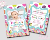 Color Splash Pool Party - Polka Dot Stripe - Birthday Party Invitation (Digital File - Printed Cards Also Available) Il_170x135
