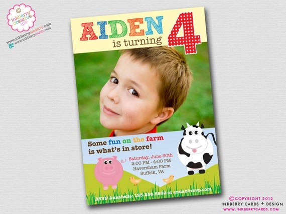 Fun on the Farm - Birthday Party Photo Invitation (Digital File - Printed Cards Also Available) Il_570xn
