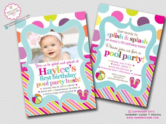 Color Splash Pool Party - Polka Dot Stripe - Birthday Party Invitation (Digital File - Printed Cards Also Available) Il_570xn
