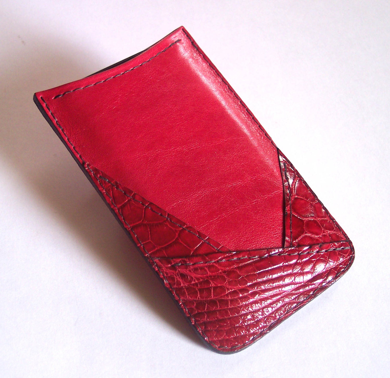 Leather iPhone 5 Case - Red Cowhide Leather Sleeve with Alligator Trim