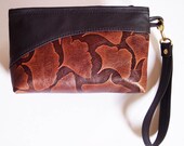 Black Leather Clutch Purse with Ginkgo Leaf Leather Inlay