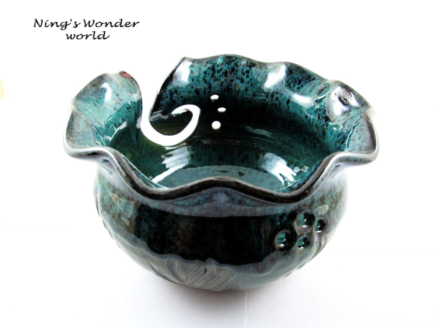 Pottery Yarn bowl, knitting bowl with carving design (IN STOCK No.78)
