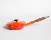 Vintage Le Crueset Cast Iron Enamel Frying Pan With Wood Handle And Lid Flame Size 20