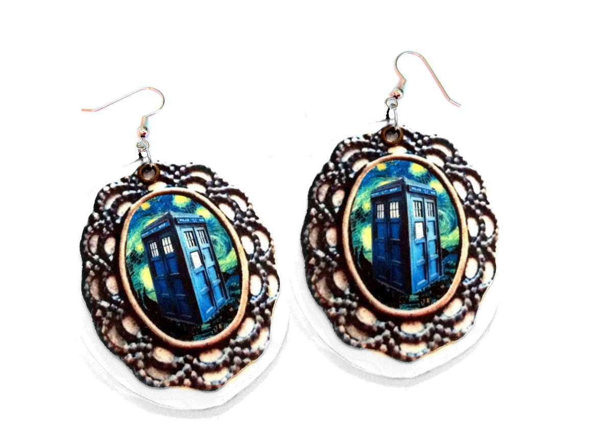 Doctor Who inspired Earrings Starry Night TARDIS Police Box Earrings, Huge Oval Filigree Flat Plastic Earrings