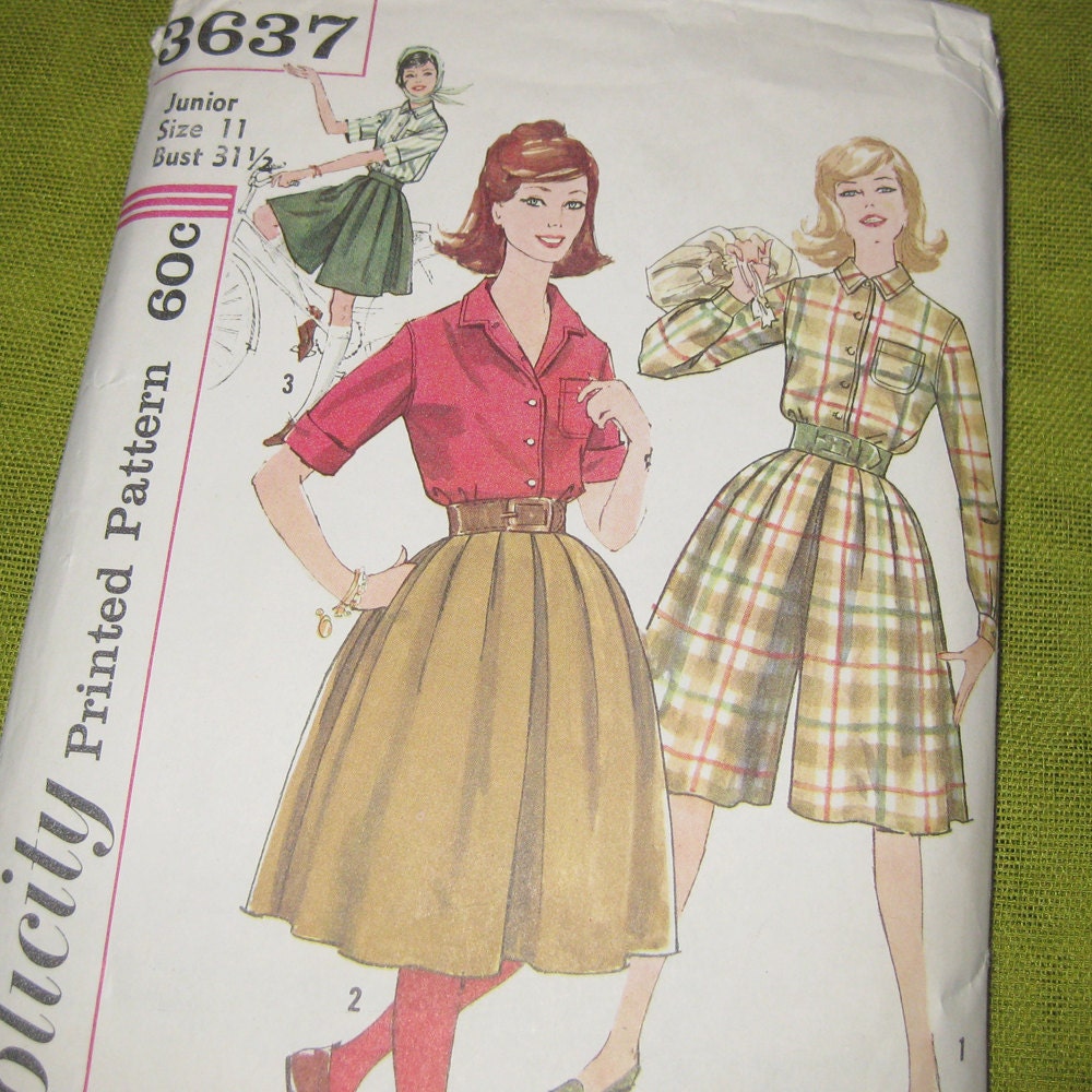 1960s Culottes Split Skirt Vintage Sewing Pattern - Simplicity 3637 / Size 11