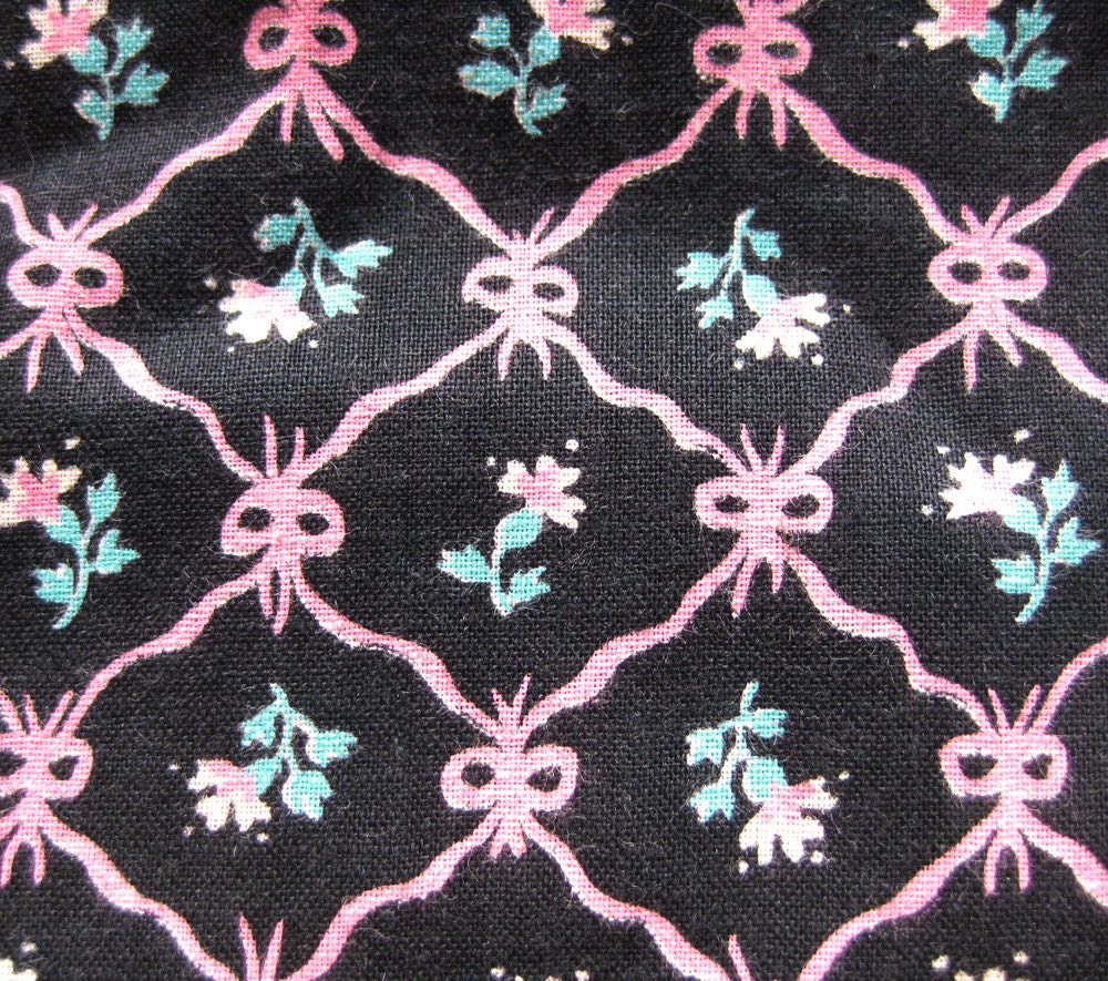 Sweet 1950s Vintage Print Fabric - Vintage Cotton - Pink Ribbons and Bows -  Small Flowers  on Black