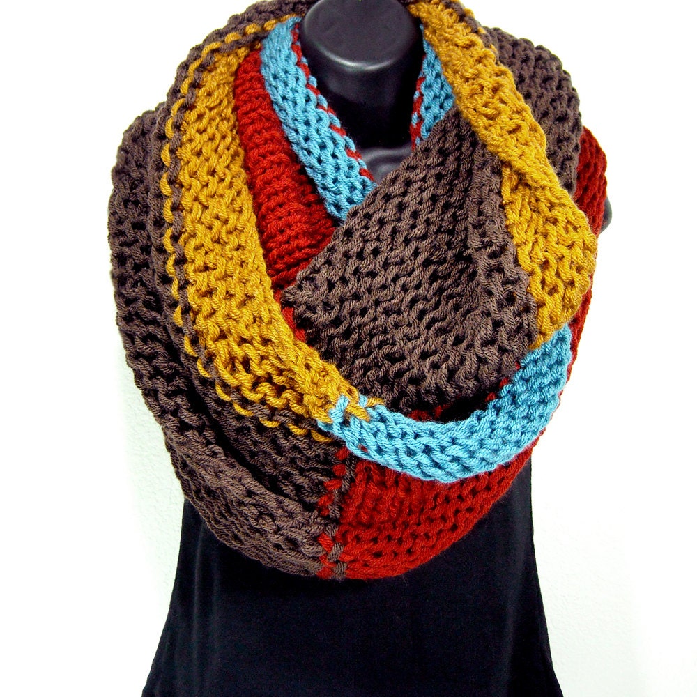 Knit Infinity Scarf, Extra Large Color Block Cowl