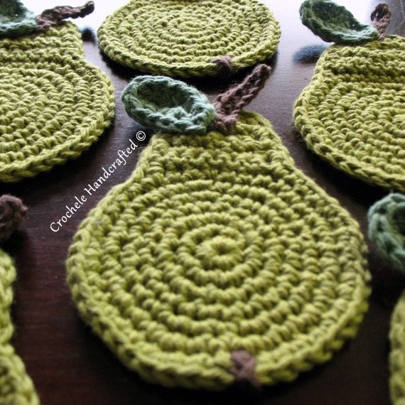 Instant Download Easy Crochet Pear Coaster Pattern DIY Fruit green step tutorial do it yourself how to beginner intermediate pdf file