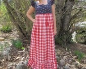 Prairie Calico Floral Gingham Vintage Dress with Flutter Sleeves and Pocket