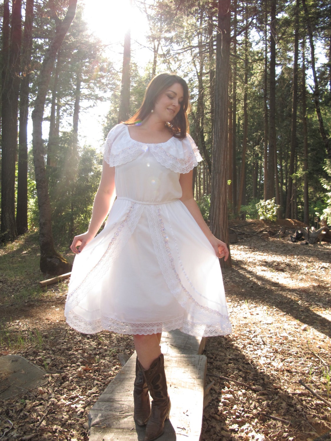 Vintage Boho Lace Off-Shoulder Peasant Dress w/ Pastel Floral Detailing
