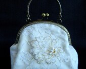 Clutch purse - ivory lace, hand beaded, metal frame and handle