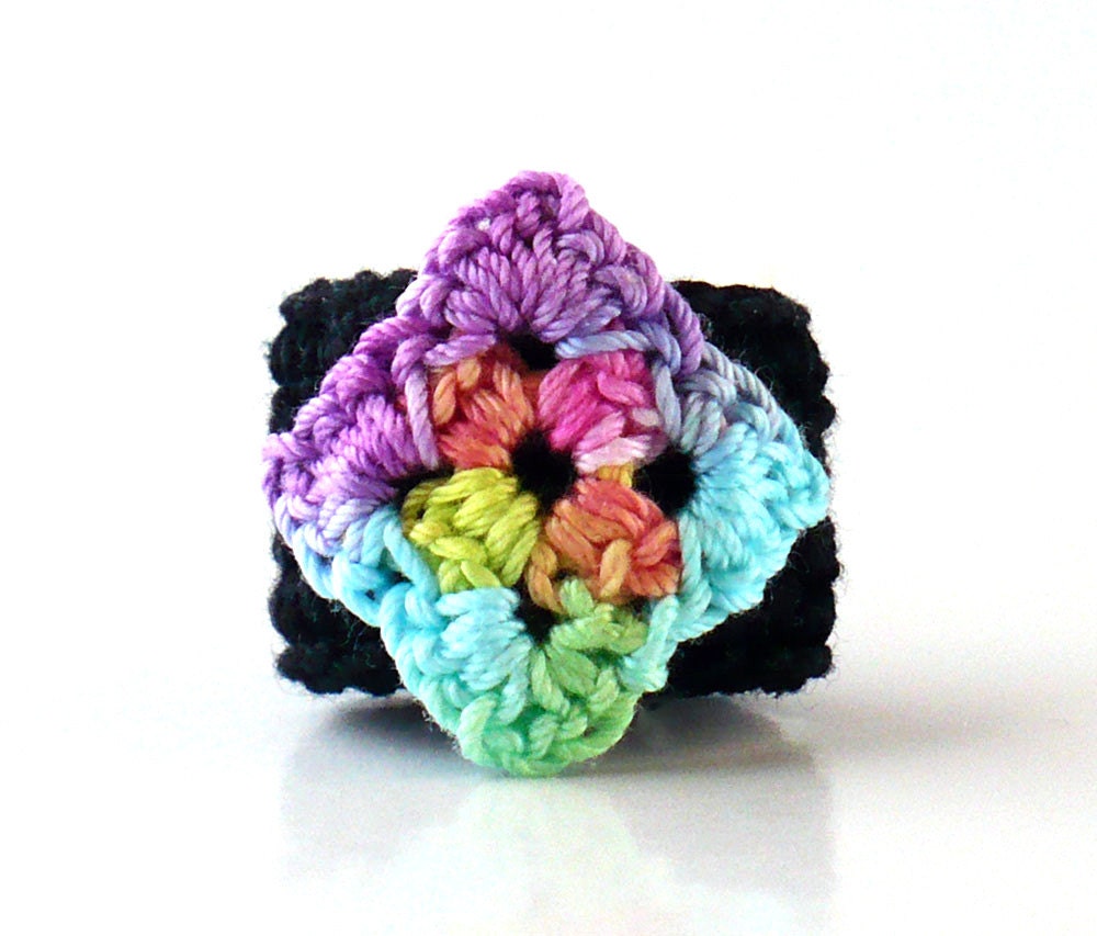 Crochet Ring Fiber Ring  Diamond Shape Mint Green Yellow Light Blue Rose Peach Light Purple On A Black Band