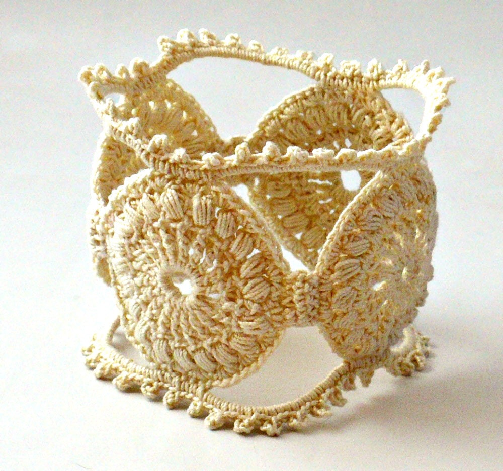 Crochet Bracelet Fiber Bracelet Irish Lace Cuff Medallion Fine Thread Bangle Beige