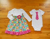 Brother Sister Matching Outfits - Girls Onesie Dress and Boys Tie Onesie or Tie Tshirt - Buttercups in Pink - Soul Blossoms collection