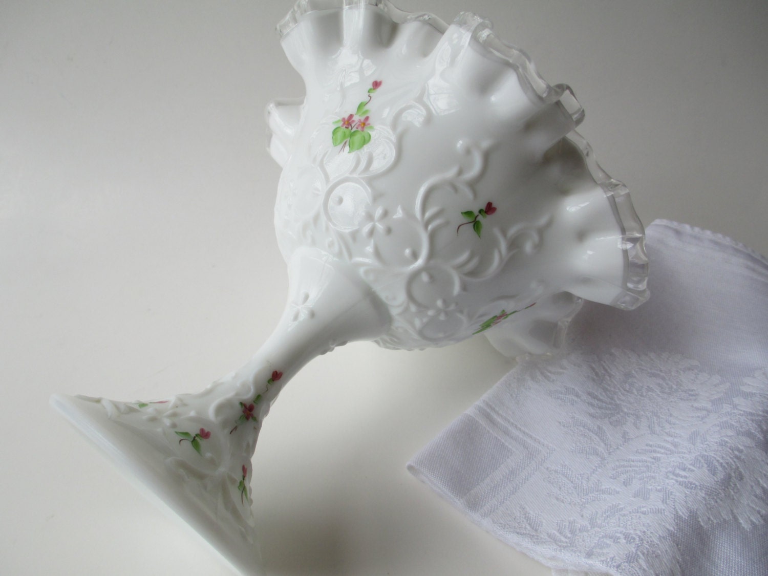 Elegant Fenton Milk Glass Spanish Lace Silver Crest Violets in Snow Footed Comport