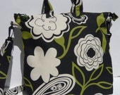 Original Handmade Black Ivory Green Flowered Cotton Screenprint Fabric Tote Purse