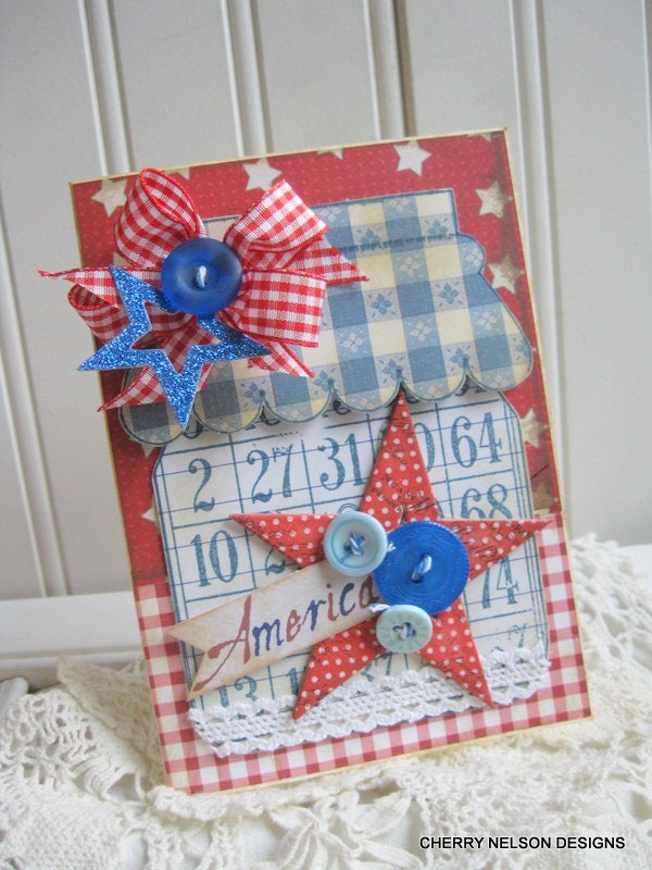 cottage STYLE 4th of july card- large MASON JAR with star- handmade card