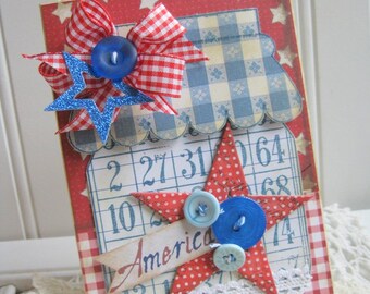 cottage STYLE 4th of july card- large MASON JAR with star- handmade card