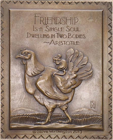 Bronze Chicken and Mouse Friendship Plaque in bas relief 8" x 10" approx
