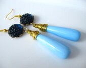 Midnight Blue Earrings - Light Blue Quartz Teardrop Briolettes - Wire Wrapped Gold Brass - Gift Box