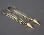 Pendulum Earrings - Brass Spike on Fish Bone Chain Dangles - Tribal, Industrial - Raw Gold Brass - Gift Box