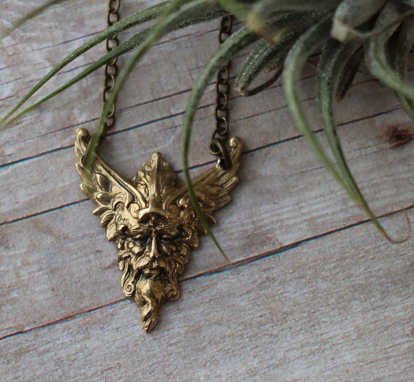 Green Man Necklace - Spring Leaves, Face Pendant - Gift for Gardener - Architectural Foliage Carving Replica - Mythology