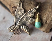 Wasp Pendant - Boho Bohemian Necklace - Turquoise Gemstone Faceted Briolette - Wire Wrapped - Antiqued Brass - Insects, Bugs - Gift Box