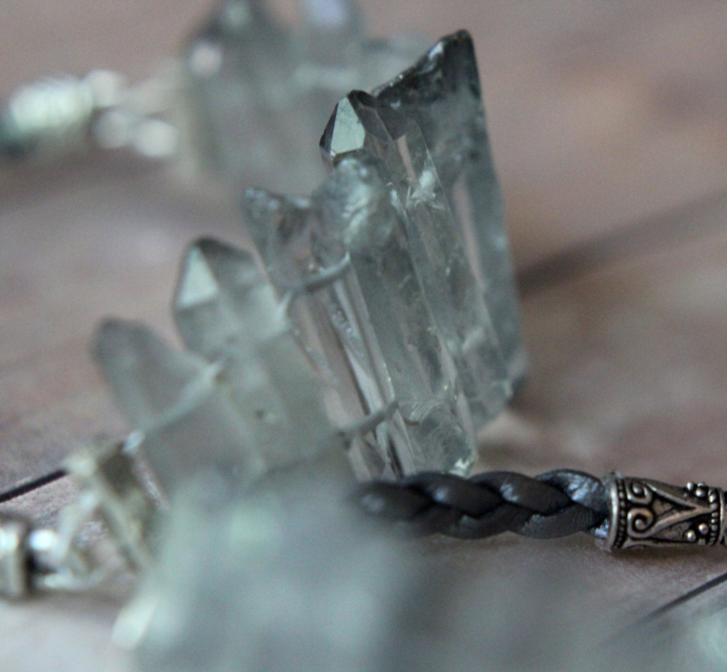 Blue Crystal Spikes Bracelet - Mystic Blue Raw Quartz Crystals Shards, Daggers - Metallic Silver Gray Leather - Rustic, Bohemian - Gift Box - MySelvagedLife