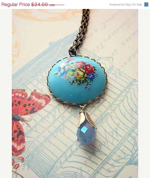 CLEARANCE 40% OFF Turquoise Blue Floral Cameo Pendant Retro Roses Flower Bouquet Light Blue Spring Fashion Gift Box Mother's day Gift