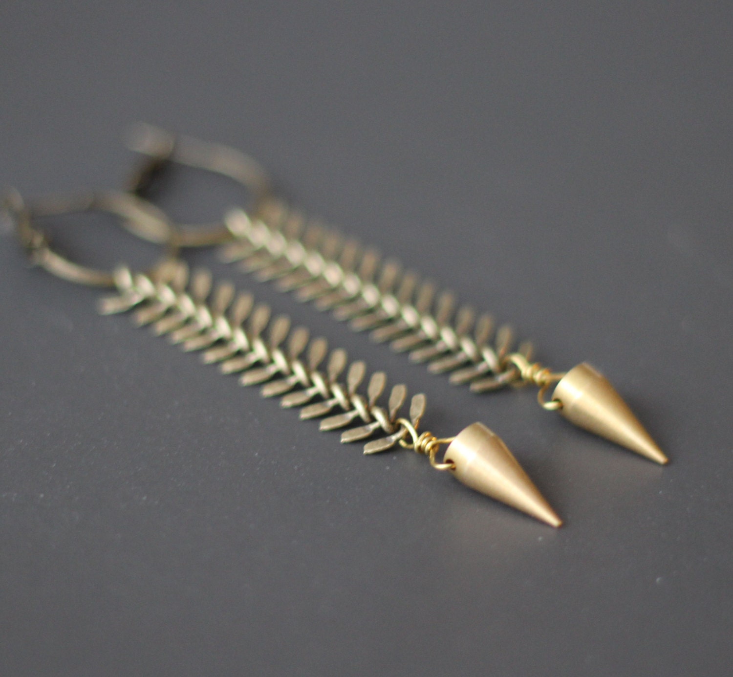Pendulum Earrings - Brass Spike on Fish Bone Chain Dangles - Tribal, Industrial - Raw Gold Brass - Gift Box