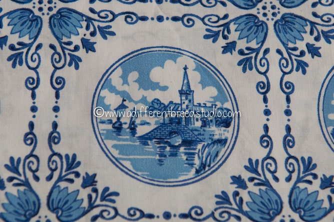 Blue Delft- Vintage Novelty Fabric Holland Pottery Dishes Dutch 36" wide Kitchen
