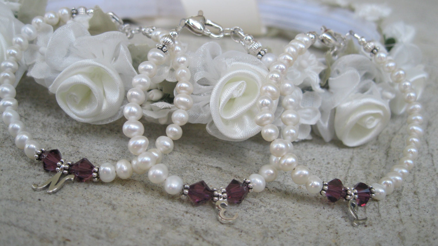 Set of 3 Flower Girl/ Bridemaids Pearl Bracelets- Custom Sterling Silver Initial Charm, Swarovski Crystal