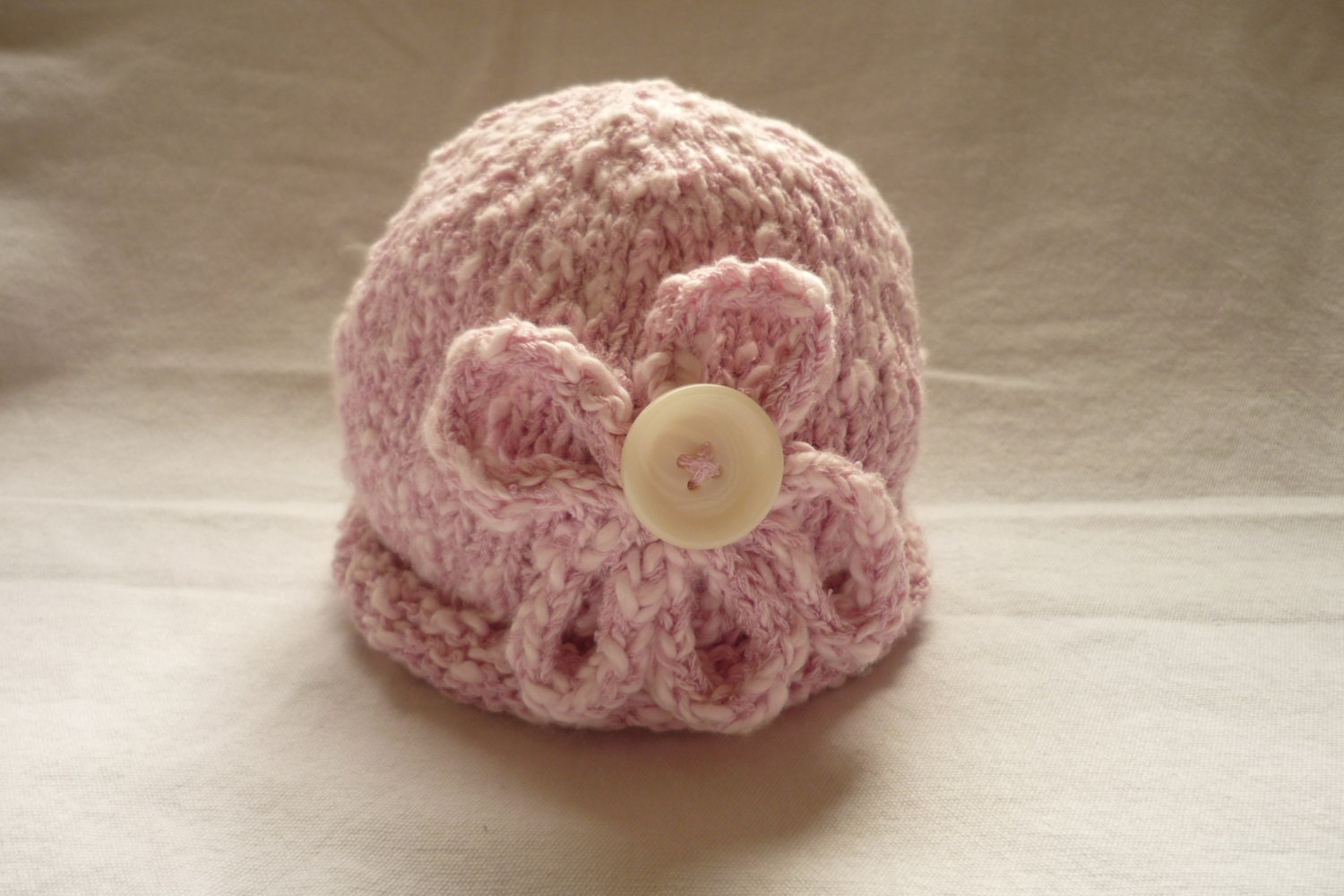 Hand knit pink cotton baby hat for newborn or infant